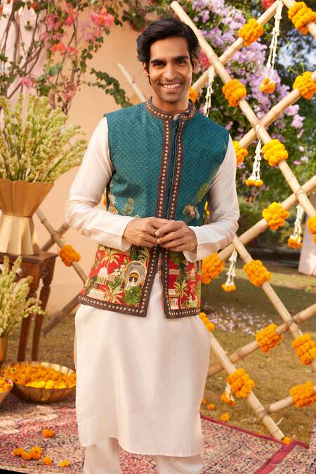 Shop Kalista Blue Silk, Chanderi Embroidery Teal Mughal Palace Print Bundi Kurta Set Online at Aza Fashions Shop_Kalista_Blue Silk, Chanderi Embroidery Teal Mughal Palace Print Bundi Kurta Set _Online_at_Aza_Fashions