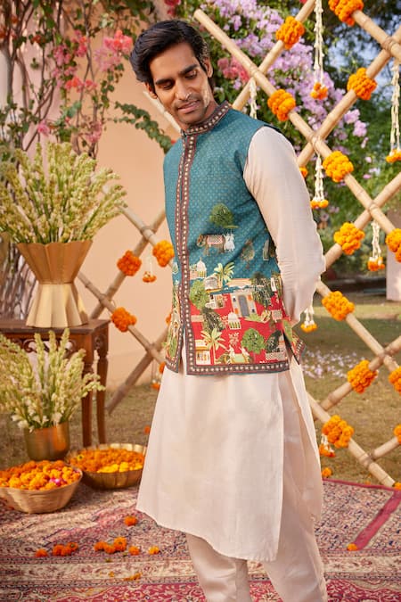 Kalista Blue Silk, Chanderi Embroidery Teal Mughal Palace Print Bundi Kurta Set at Aza Fashions Kalista_Blue Silk, Chanderi Embroidery Teal Mughal Palace Print Bundi Kurta Set _at_Aza_Fashions