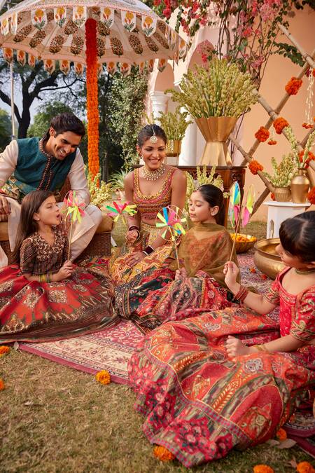 Buy Kalista Blue Silk, Chanderi Embroidery Teal Mughal Palace Print Bundi Kurta Set Buy_Kalista_Blue Silk, Chanderi Embroidery Teal Mughal Palace Print Bundi Kurta Set