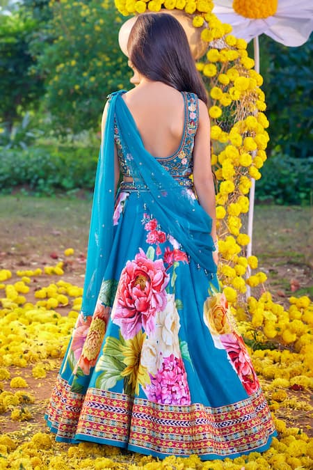 Shop Kalista Blue Silk, Georgette Sequins, Beads Gulshaad Embroidered Lehenga Set at Aza Fashions Shop_Kalista_Blue Silk, Georgette Sequins, Beads Gulshaad Embroidered Lehenga Set _at_Aza_Fashions