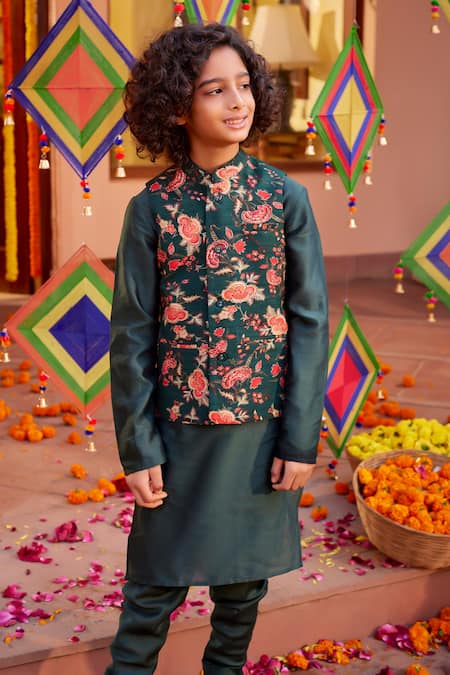 Kalista_Green Chanderi , Embroidery Floral Bundi Kurta Set _Online_at_Aza_Fashions