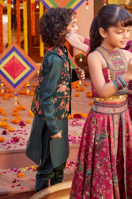 Shop_Kalista_Green Chanderi , Embroidery Floral Bundi Kurta Set _Online_at_Aza_Fashions