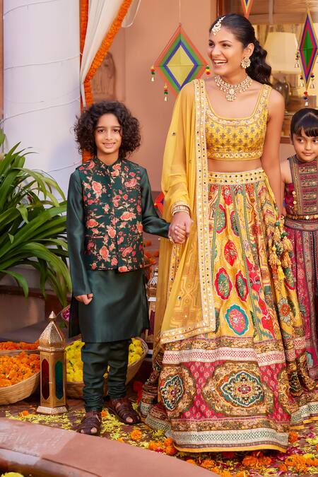 Kalista_Green Chanderi , Embroidery Floral Bundi Kurta Set _at_Aza_Fashions