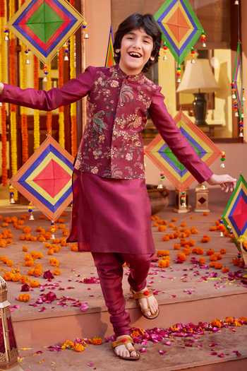 Kalista Maroon Chanderi , Embroidery Floral Bundi Kurta Set Online at Aza Fashions Kalista_Maroon Chanderi , Embroidery Floral Bundi Kurta Set _Online_at_Aza_Fashions