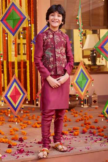 Buy Kalista Maroon Chanderi , Embroidery Floral Bundi Kurta Set Online at Aza Fashions Buy_Kalista_Maroon Chanderi , Embroidery Floral Bundi Kurta Set _Online_at_Aza_Fashions