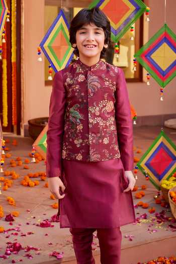 Kalista Maroon Chanderi , Embroidery Floral Bundi Kurta Set at Aza Fashions Kalista_Maroon Chanderi , Embroidery Floral Bundi Kurta Set _at_Aza_Fashions