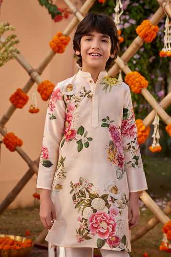 Kalista_Pink Chanderi Embroidery Ishil Floral Print Hand Painted Kurta With Churidar _Online_at_Aza_Fashions