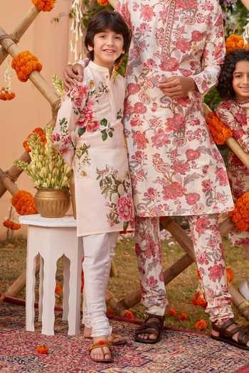 Buy_Kalista_Pink Chanderi Embroidery Ishil Floral Print Hand Painted Kurta With Churidar _Online_at_Aza_Fashions