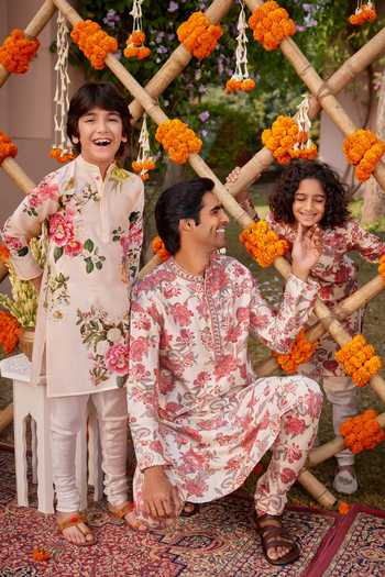 Shop_Kalista_Pink Chanderi Embroidery Ishil Floral Print Hand Painted Kurta With Churidar _Online_at_Aza_Fashions