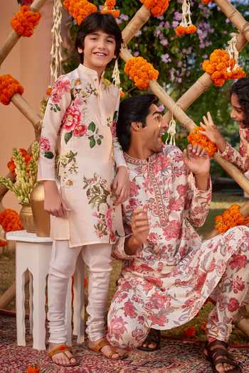 Kalista_Pink Chanderi Embroidery Ishil Floral Print Hand Painted Kurta With Churidar _at_Aza_Fashions