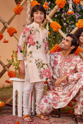 Buy_Kalista_Pink Chanderi Embroidery Ishil Floral Print Hand Painted Kurta With Churidar 
