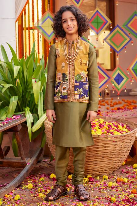 Kalista_Yellow Chanderi Embroidery Mughal Print Bundi Kurta Set _Online_at_Aza_Fashions