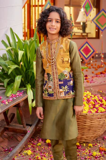 Buy_Kalista_Yellow Chanderi Embroidery Mughal Print Bundi Kurta Set _Online_at_Aza_Fashions