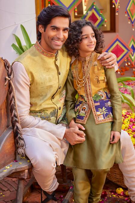 Shop_Kalista_Yellow Chanderi Embroidery Mughal Print Bundi Kurta Set _Online_at_Aza_Fashions