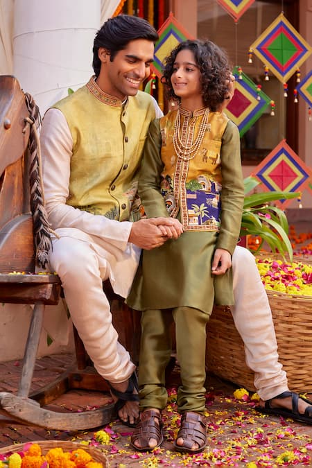 Kalista_Yellow Chanderi Embroidery Mughal Print Bundi Kurta Set _at_Aza_Fashions