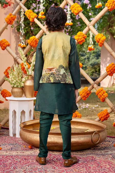 Shop Kalista Yellow Chanderi Embroidery Printed Bundi Kurta Set at Aza Fashions Shop_Kalista_Yellow Chanderi Embroidery Printed Bundi Kurta Set _at_Aza_Fashions