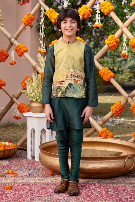 Kalista Yellow Chanderi Embroidery Printed Bundi Kurta Set Online at Aza Fashions Kalista_Yellow Chanderi Embroidery Printed Bundi Kurta Set _Online_at_Aza_Fashions