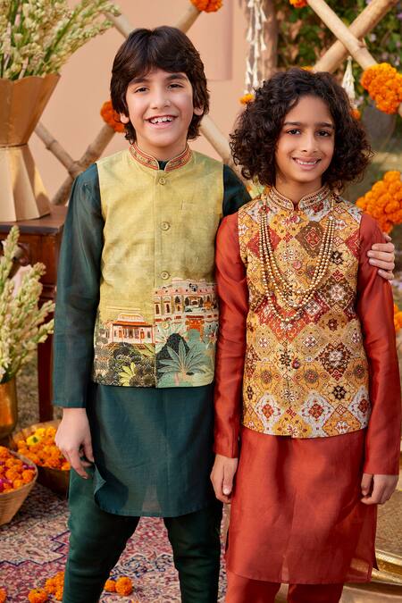 Shop Kalista Yellow Chanderi Embroidery Printed Bundi Kurta Set Online at Aza Fashions Shop_Kalista_Yellow Chanderi Embroidery Printed Bundi Kurta Set _Online_at_Aza_Fashions