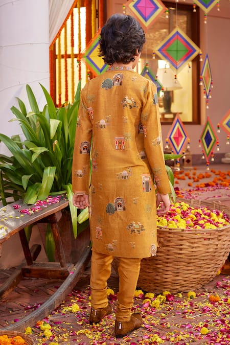 Shop Kalista Yellow Chanderi Embroidery Ahren Mughal Print Kurta And Churidar Set at Aza Fashions Shop_Kalista_Yellow Chanderi Embroidery Ahren Mughal Print Kurta And Churidar Set _at_Aza_Fashions