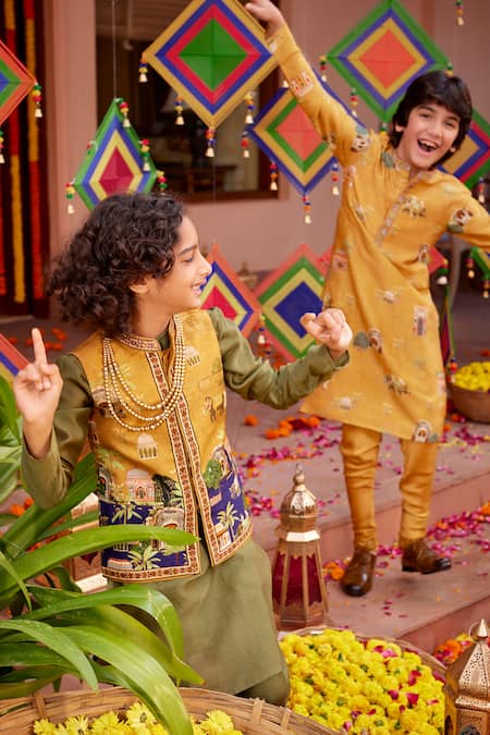 Buy Kalista Yellow Chanderi Embroidery Ahren Mughal Print Kurta And Churidar Set Online at Aza Fashions Buy_Kalista_Yellow Chanderi Embroidery Ahren Mughal Print Kurta And Churidar Set _Online_at_Aza_Fashions