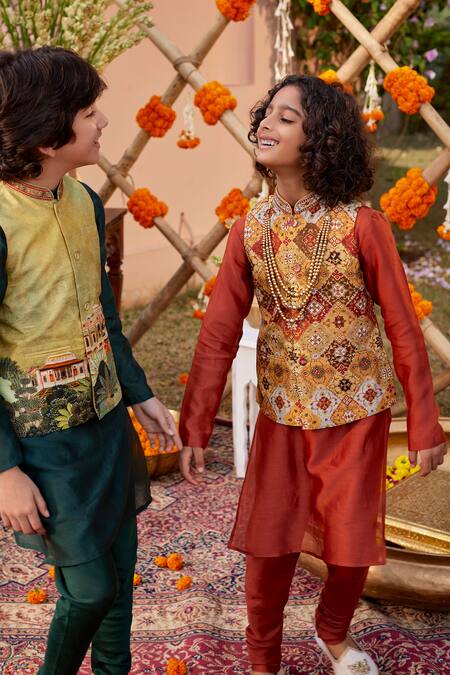 Buy Kalista Yellow Chanderi Embroidery Mihir Mughal Printed Bundi Set Online at Aza Fashions Buy_Kalista_Yellow Chanderi Embroidery Mihir Mughal Printed Bundi Set _Online_at_Aza_Fashions