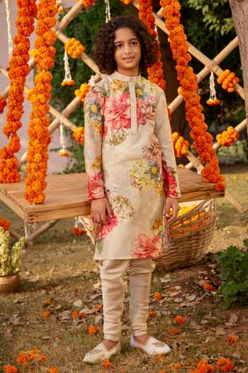 Kalista Beige Chanderi Embroidery Yug Floral Pattern Straight Kurta And Churidar Set Online at Aza Fashions Kalista_Beige Chanderi Embroidery Yug Floral Pattern Straight Kurta And Churidar Set _Online_at_Aza_Fashions