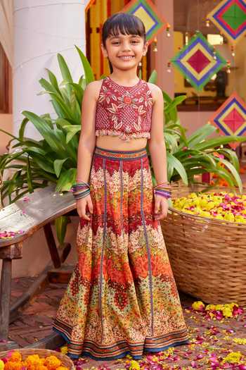 Kalista_Maroon Silk Sequins, Embroidery, Cut Work Mehvish Floral Blouse And Lehenga Set _Online_at_Aza_Fashions