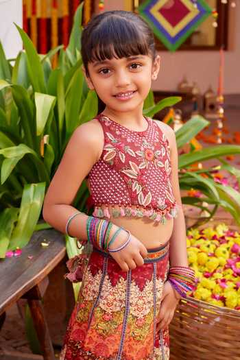 Shop_Kalista_Maroon Silk Sequins, Embroidery, Cut Work Mehvish Floral Blouse And Lehenga Set _Online_at_Aza_Fashions