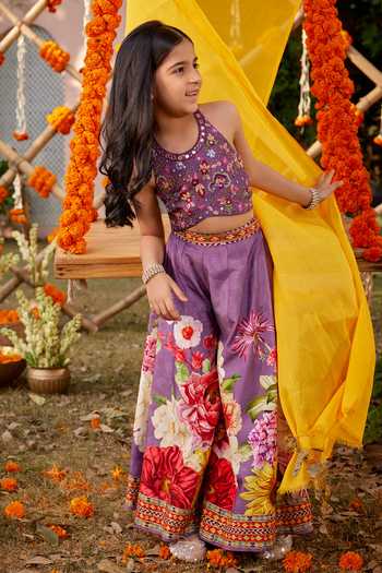 Kalista Purple Silk Embroidery, Sequins Gulshaad Floral Blouse And Sharara Set Online at Aza Fashions Kalista_Purple Silk Embroidery, Sequins Gulshaad Floral Blouse And Sharara Set _Online_at_Aza_Fashions