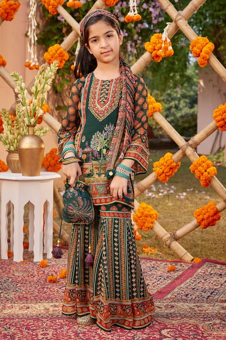 Shop Kalista Green Viscose, Georgette Sequins, Beads Siah Floral Pattern Kurta Gharara Set Online at Aza Fashions Shop_Kalista_Green Viscose, Georgette Sequins, Beads Siah Floral Pattern Kurta Gharara Set _Online_at_Aza_Fashions