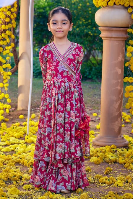 Kalista_Fuchsia Viscose, Georgette Zayna And Embroidered Angarkha Kurta & Sharara Set _Online_at_Aza_Fashions