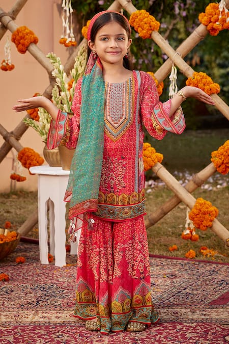 Kalista Fuchsia Viscose, Georgette Sahiba Printed Embroidered Kurta And Sharara Set Online at Aza Fashions Kalista_Fuchsia Viscose, Georgette Sahiba Printed Embroidered Kurta And Sharara Set _Online_at_Aza_Fashions