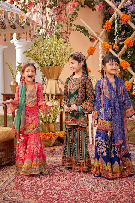 Shop Kalista Fuchsia Viscose, Georgette Sahiba Printed Embroidered Kurta And Sharara Set Online at Aza Fashions Shop_Kalista_Fuchsia Viscose, Georgette Sahiba Printed Embroidered Kurta And Sharara Set _Online_at_Aza_Fashions