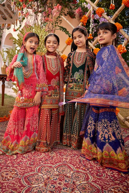 Kalista Fuchsia Viscose, Georgette Sahiba Printed Embroidered Kurta And Sharara Set at Aza Fashions Kalista_Fuchsia Viscose, Georgette Sahiba Printed Embroidered Kurta And Sharara Set _at_Aza_Fashions