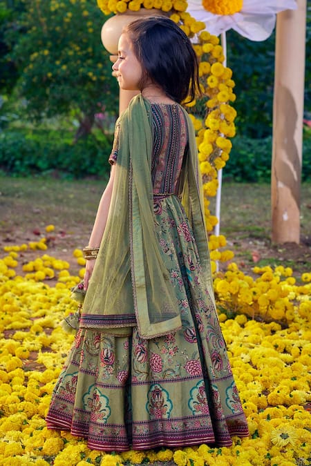 Shop Kalista Green Net, Viscose Embroidery Bageecha Peacock Lehenga Set at Aza Fashions Shop_Kalista_Green Net, Viscose Embroidery Bageecha Peacock Lehenga Set _at_Aza_Fashions