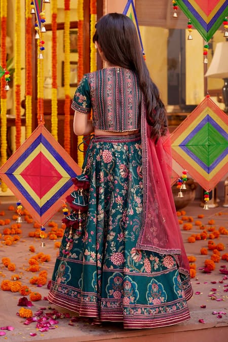 Shop Kalista Emerald Green Net, Viscose Embroidery Bageecha Peacock Hand Lehenga Set at Aza Fashions Shop_Kalista_Emerald Green Net, Viscose Embroidery Bageecha Peacock Hand Lehenga Set _at_Aza_Fashions