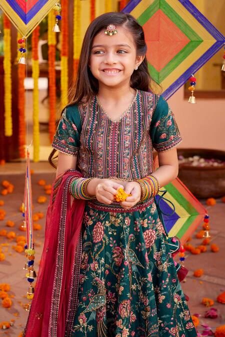 Buy Kalista Emerald Green Net, Viscose Embroidery Bageecha Peacock Hand Lehenga Set Online at Aza Fashions Buy_Kalista_Emerald Green Net, Viscose Embroidery Bageecha Peacock Hand Lehenga Set _Online_at_Aza_Fashions