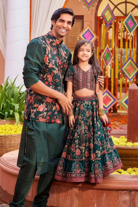 Shop Kalista Emerald Green Net, Viscose Embroidery Bageecha Peacock Hand Lehenga Set Online at Aza Fashions Shop_Kalista_Emerald Green Net, Viscose Embroidery Bageecha Peacock Hand Lehenga Set _Online_at_Aza_Fashions