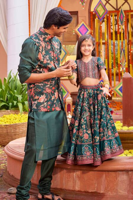 Kalista Emerald Green Net, Viscose Embroidery Bageecha Peacock Hand Lehenga Set at Aza Fashions Kalista_Emerald Green Net, Viscose Embroidery Bageecha Peacock Hand Lehenga Set _at_Aza_Fashions