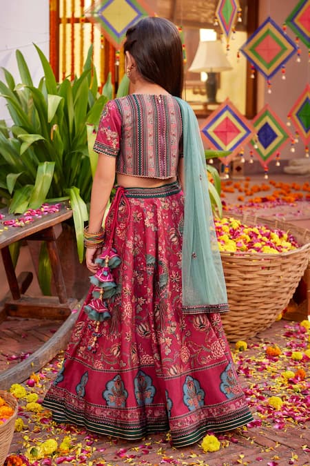 Shop_Kalista_Fuchsia Silk Sequins, Beads, Embroidery And Green Hand Lehenga Set _at_Aza_Fashions