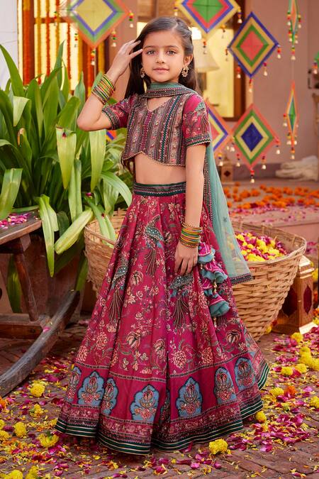 Kalista_Fuchsia Silk Sequins, Beads, Embroidery And Green Hand Lehenga Set _Online_at_Aza_Fashions
