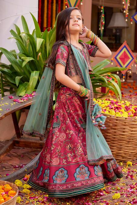 Buy_Kalista_Fuchsia Silk Sequins, Beads, Embroidery And Green Hand Lehenga Set _Online_at_Aza_Fashions