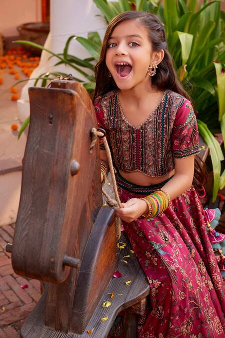 Shop_Kalista_Fuchsia Silk Sequins, Beads, Embroidery And Green Hand Lehenga Set _Online_at_Aza_Fashions