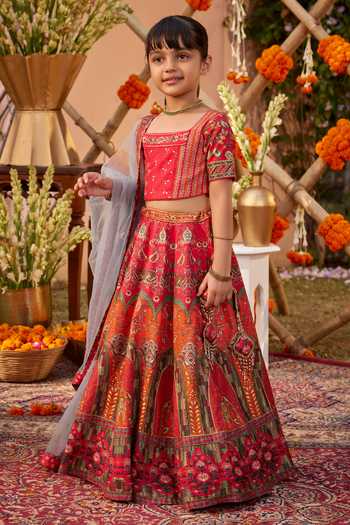 Kalista Pink Net, Viscose, Silk Tassels, Arohi Floral Mughal Print Lehenga Set Online at Aza Fashions Kalista_Pink Net, Viscose, Silk Tassels, Arohi Floral Mughal Print Lehenga Set _Online_at_Aza_Fashions