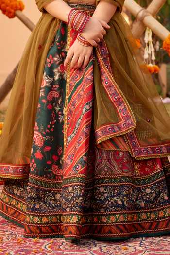 Kalista Green Silk, Net Embroidery Ahilya Floral Print Lehenga Set Online at Aza Fashions Kalista_Green Silk, Net Embroidery Ahilya Floral Print Lehenga Set _Online_at_Aza_Fashions