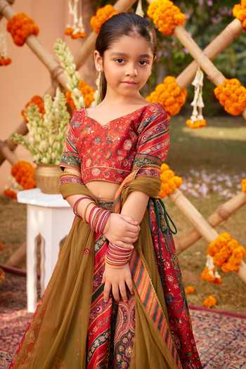 Shop Kalista Green Silk, Net Embroidery Ahilya Floral Print Lehenga Set Online at Aza Fashions Shop_Kalista_Green Silk, Net Embroidery Ahilya Floral Print Lehenga Set _Online_at_Aza_Fashions