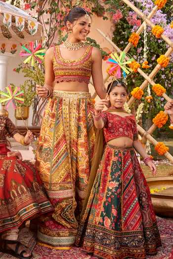Kalista Green Silk, Net Embroidery Ahilya Floral Print Lehenga Set at Aza Fashions Kalista_Green Silk, Net Embroidery Ahilya Floral Print Lehenga Set _at_Aza_Fashions