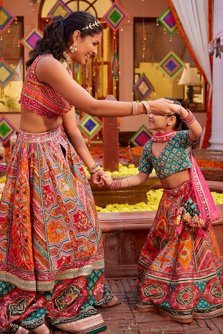 Kalista_Multi Color Tissue, Silk, Georgette Aadhya Mughal Floral Pattern Lehenga Set _Online_at_Aza_Fashions