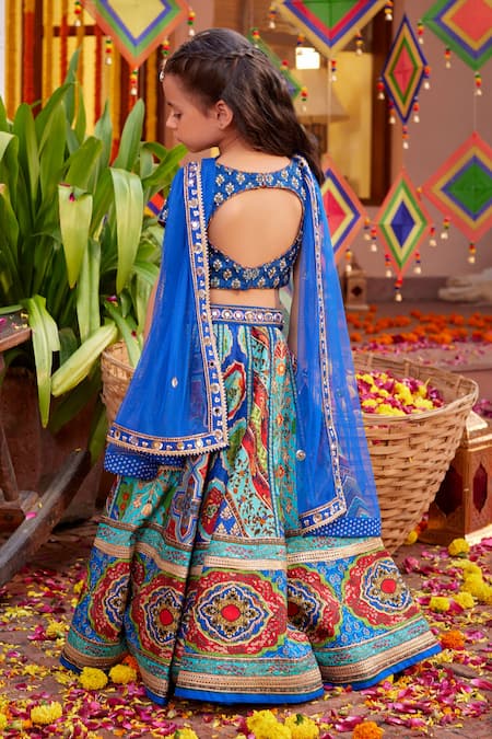 Shop Kalista Blue Silk, Tissue Sequins, Beads Aadhya Mughal Flower Pattern Lehenga Set at Aza Fashions Shop_Kalista_Blue Silk, Tissue Sequins, Beads Aadhya Mughal Flower Pattern Lehenga Set _at_Aza_Fashions