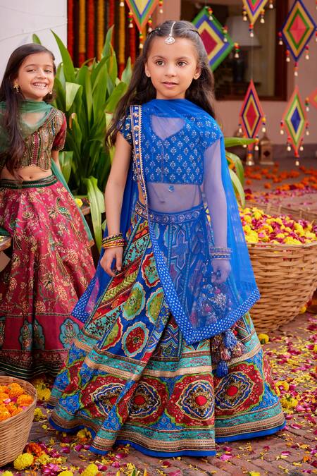 Kalista Blue Silk, Tissue Sequins, Beads Aadhya Mughal Flower Pattern Lehenga Set at Aza Fashions Kalista_Blue Silk, Tissue Sequins, Beads Aadhya Mughal Flower Pattern Lehenga Set _at_Aza_Fashions